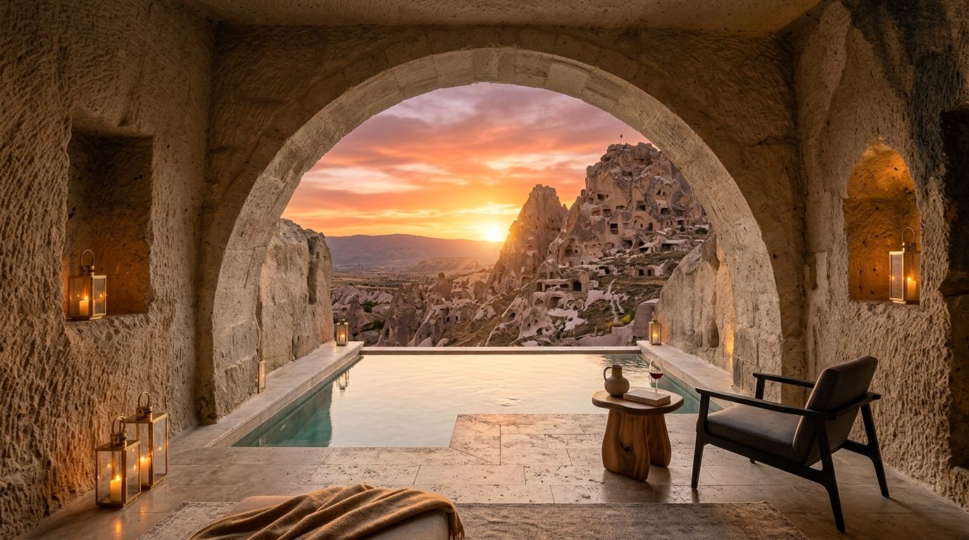 Logos Cave Cappadocia mağara süiti ve Göreme manzarası